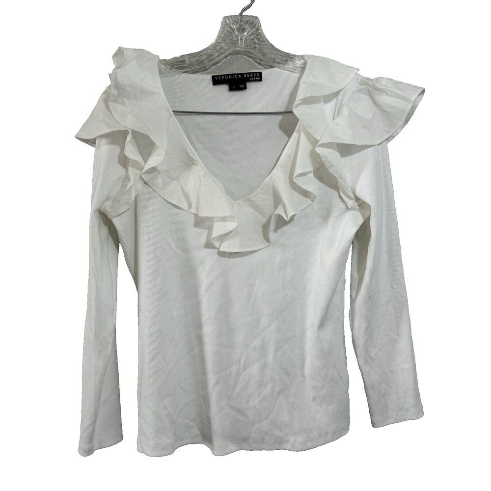 VERONICA BEARD Jeans Gidea White Ribbed Rib Knit Ruffle Cotton Poplin Top M